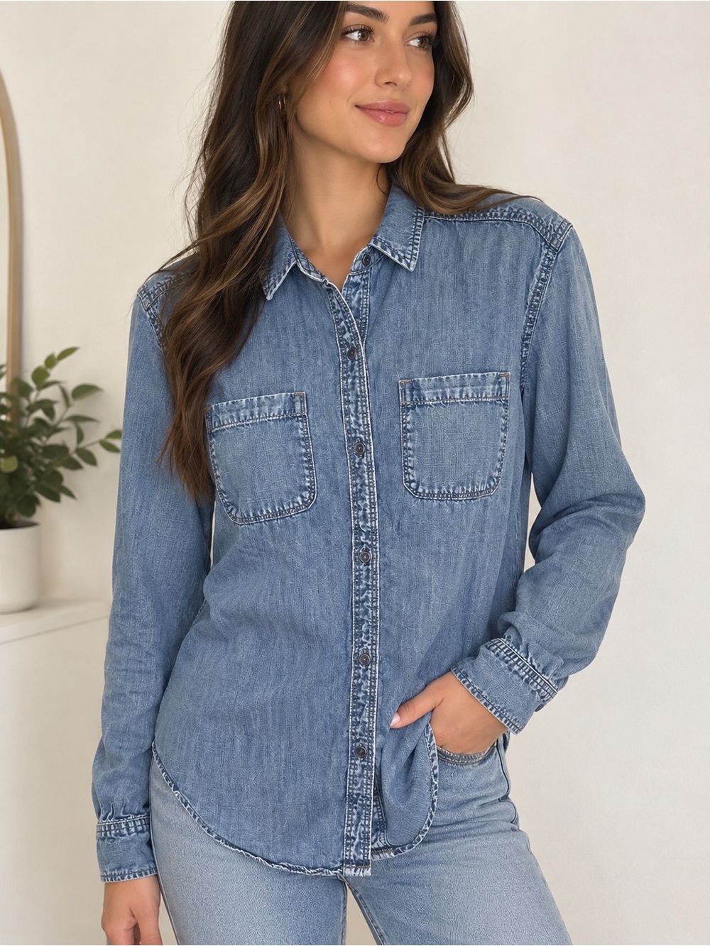 Woman’s TNA Light Blue Denim Button-Up Shirt